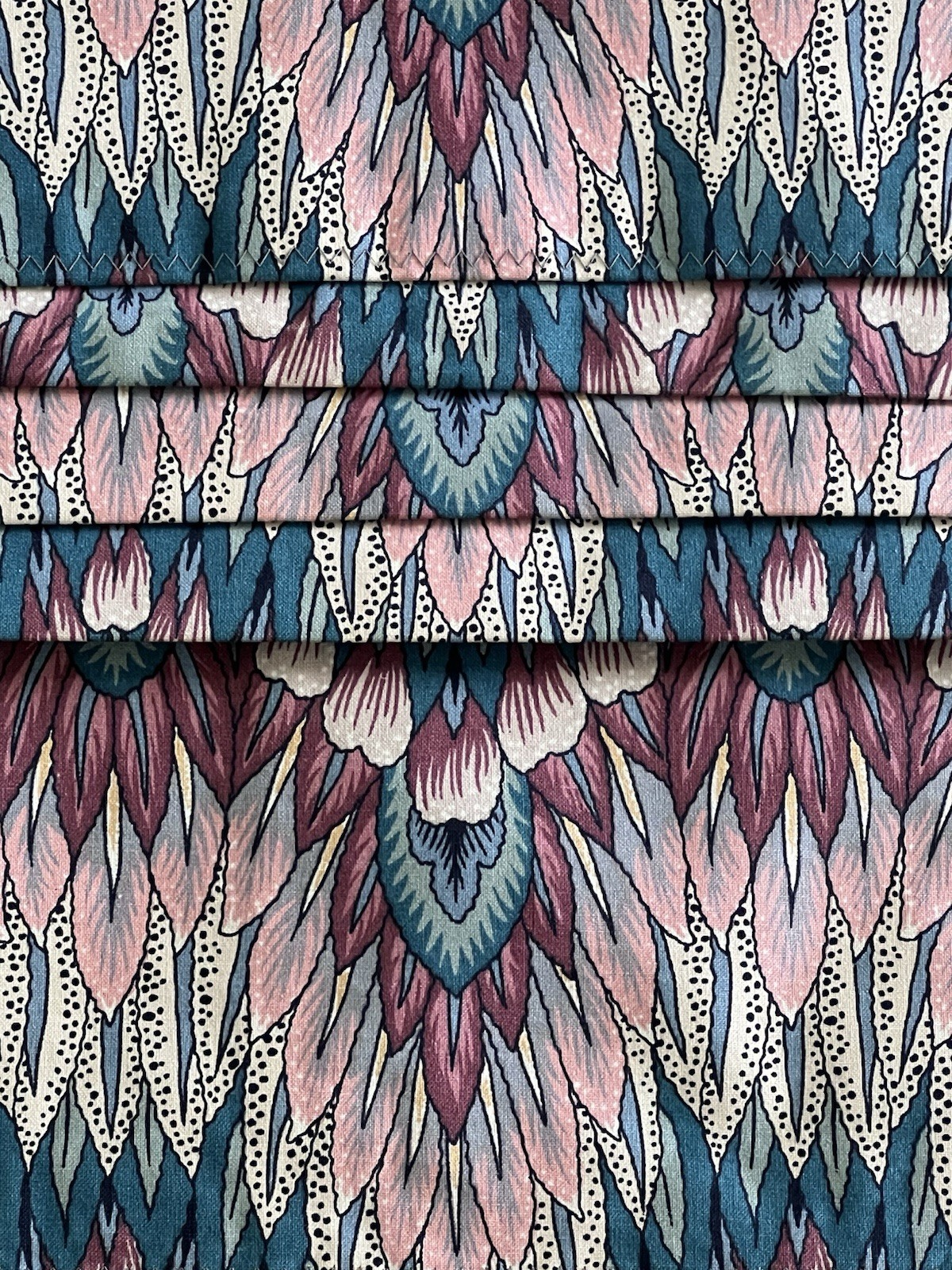 Custom Drapes Valance Kaufmann NEW WORLDS Art Deco Coral Aqua Feather Flame 6pc