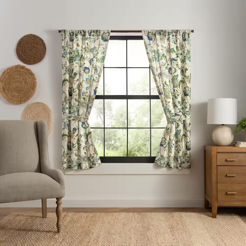 Brissac Blue Floral Rod Pocket Room Darkening Curtain – 35 In. W X 63 In. L (Set
