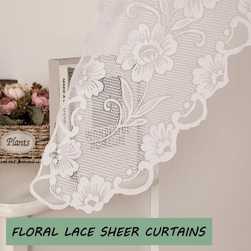 59″X39″ White Semi-Sheer Floral Lace Curtain For Window Decoration Rod Pocket US