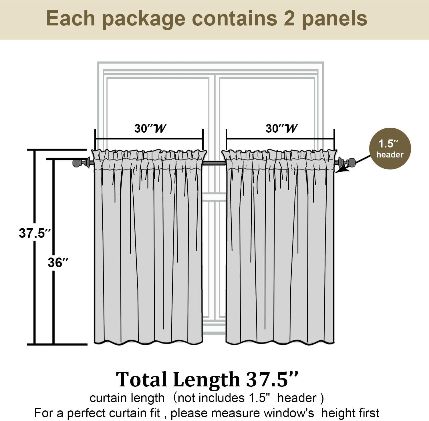 Linen Kitchen Window Curtains Tier 36 Inch Length 2 Panels, Faux Linen Textured