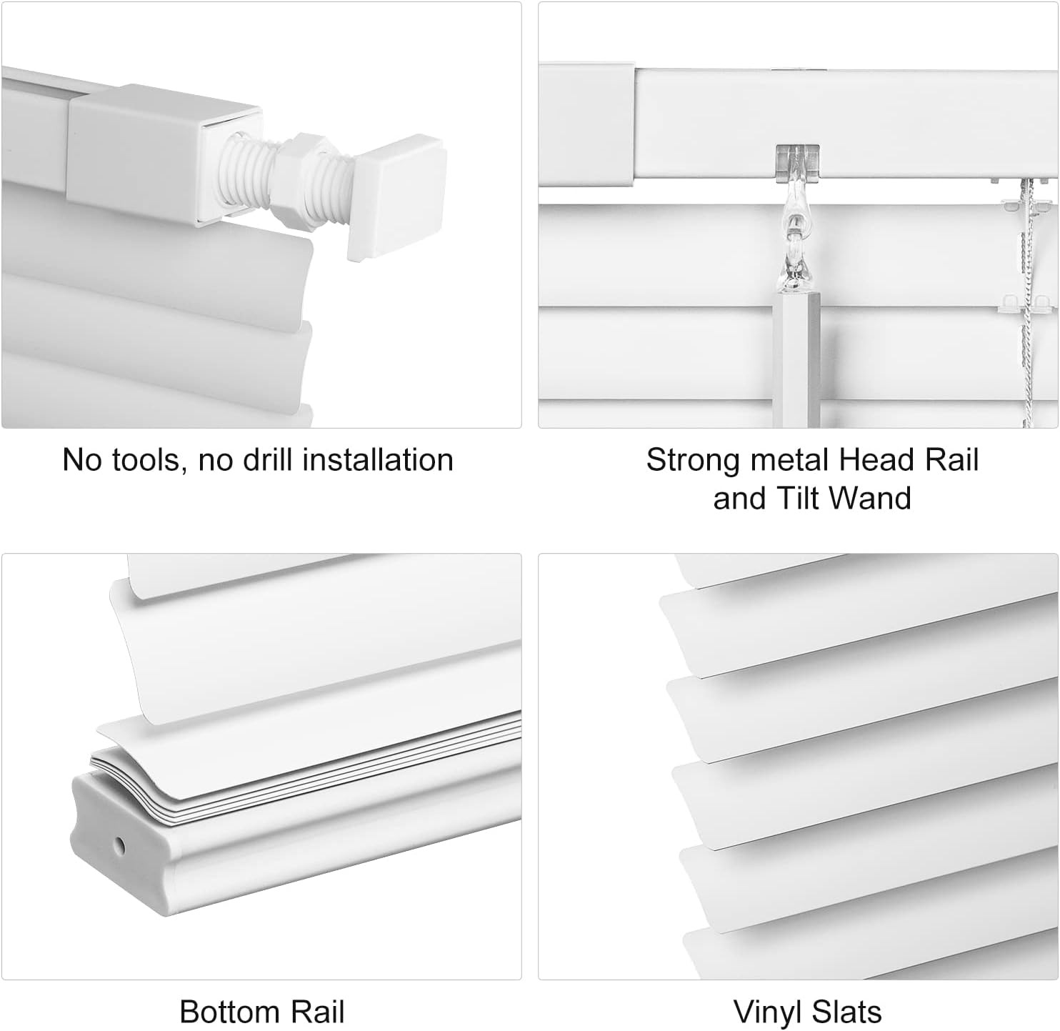 LazBlinds No Tools No Drill Cordless 1″ Vinyl Mini Blinds 28″ W x 64″ H White