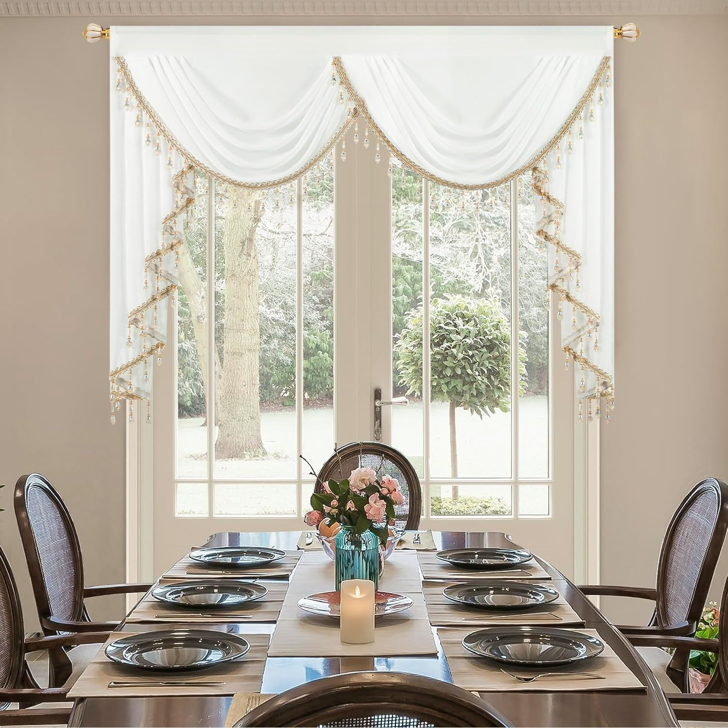 Charming White Sheer Waterfall Valance Curtains with Beaded Tassels, 59″ Wide