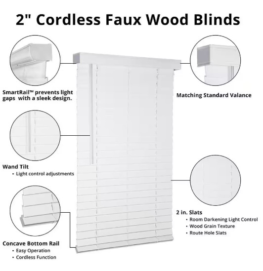 HOME DECORATORS COLLECTION WHITE CORDLESS FAUX WOOD BLINDS – WHITE