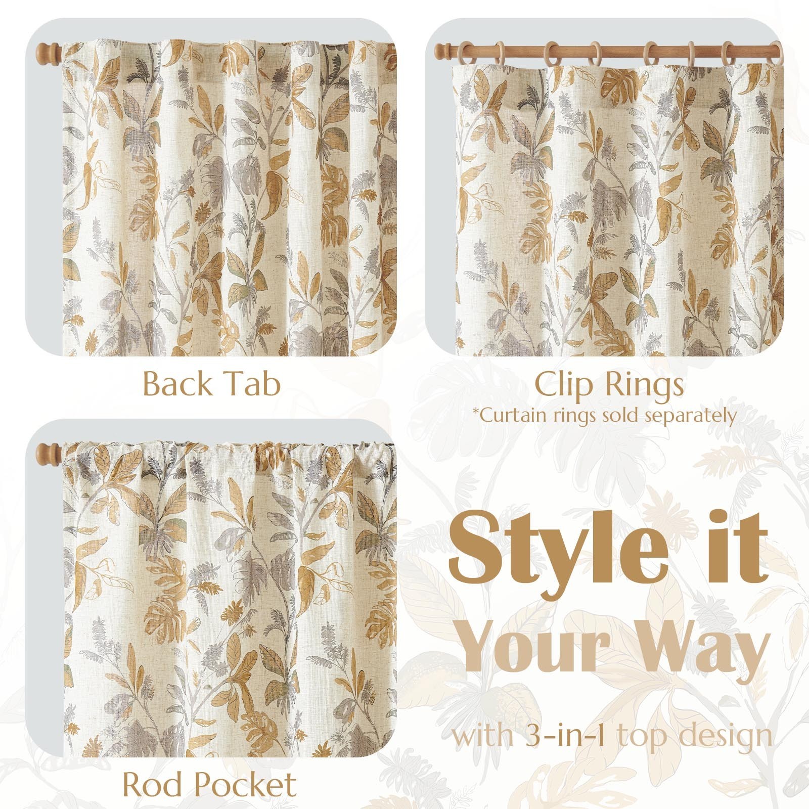 Tropical Leaf Curtains 2 Panels Farmhouse Room Darkening Rod Pocket 84″