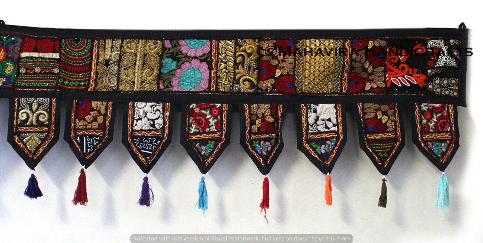 Vintage Cotton Black Handmade Valances Decorative Embroidered Patchwork Toran