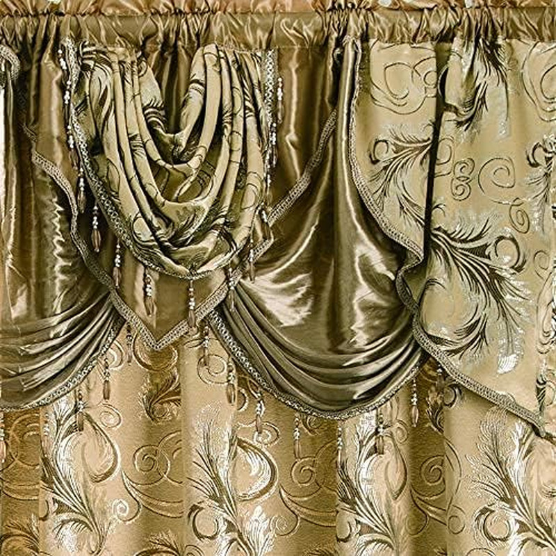 Jacquard Luxury Window 2 Panel Set Taupe Curtain with Attached Valance and Backi