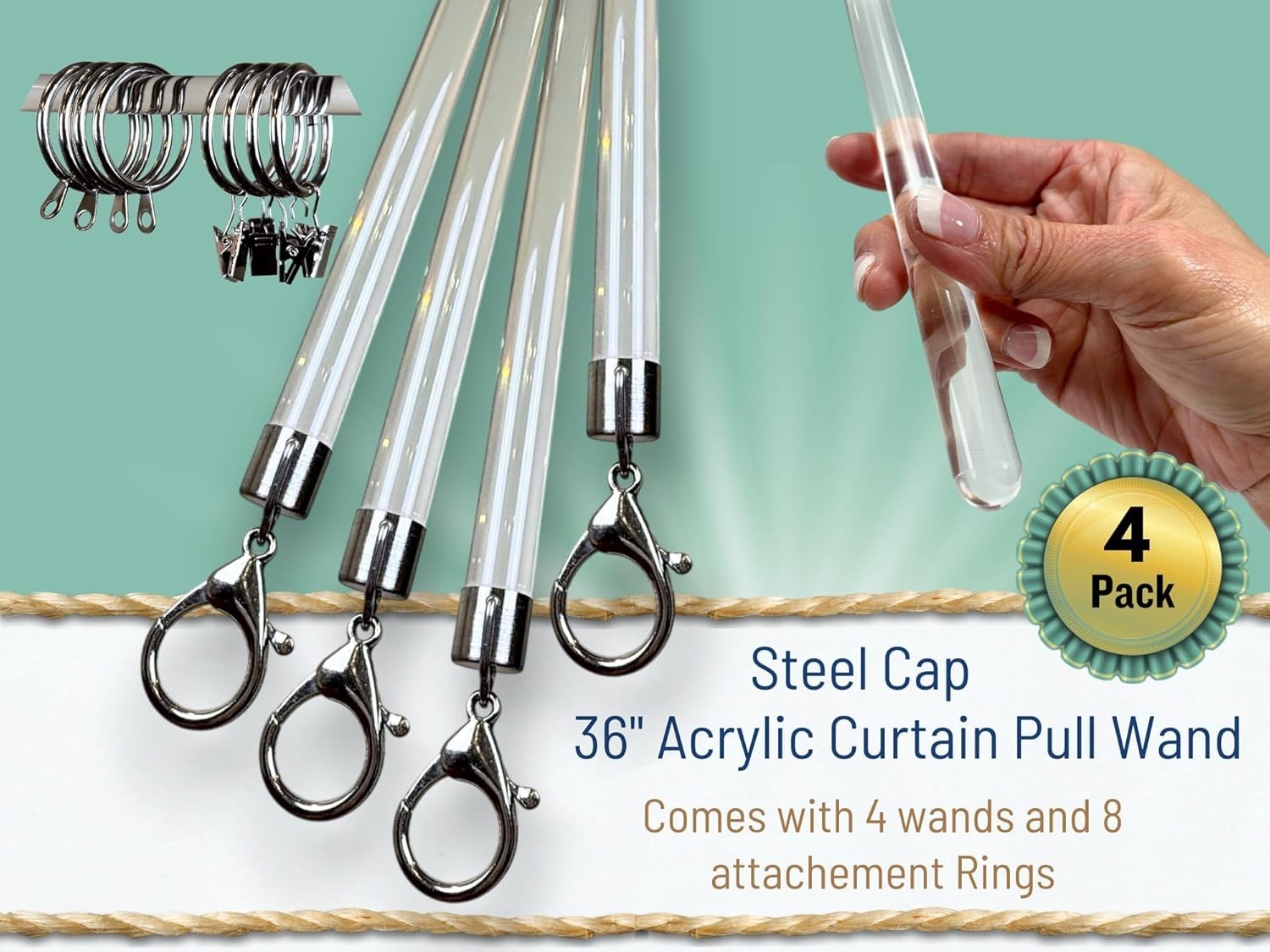 NEW 36 Inch Curtain Pull Wand Acrylic Clear Drapery Rod Steel Cap 4 Pack