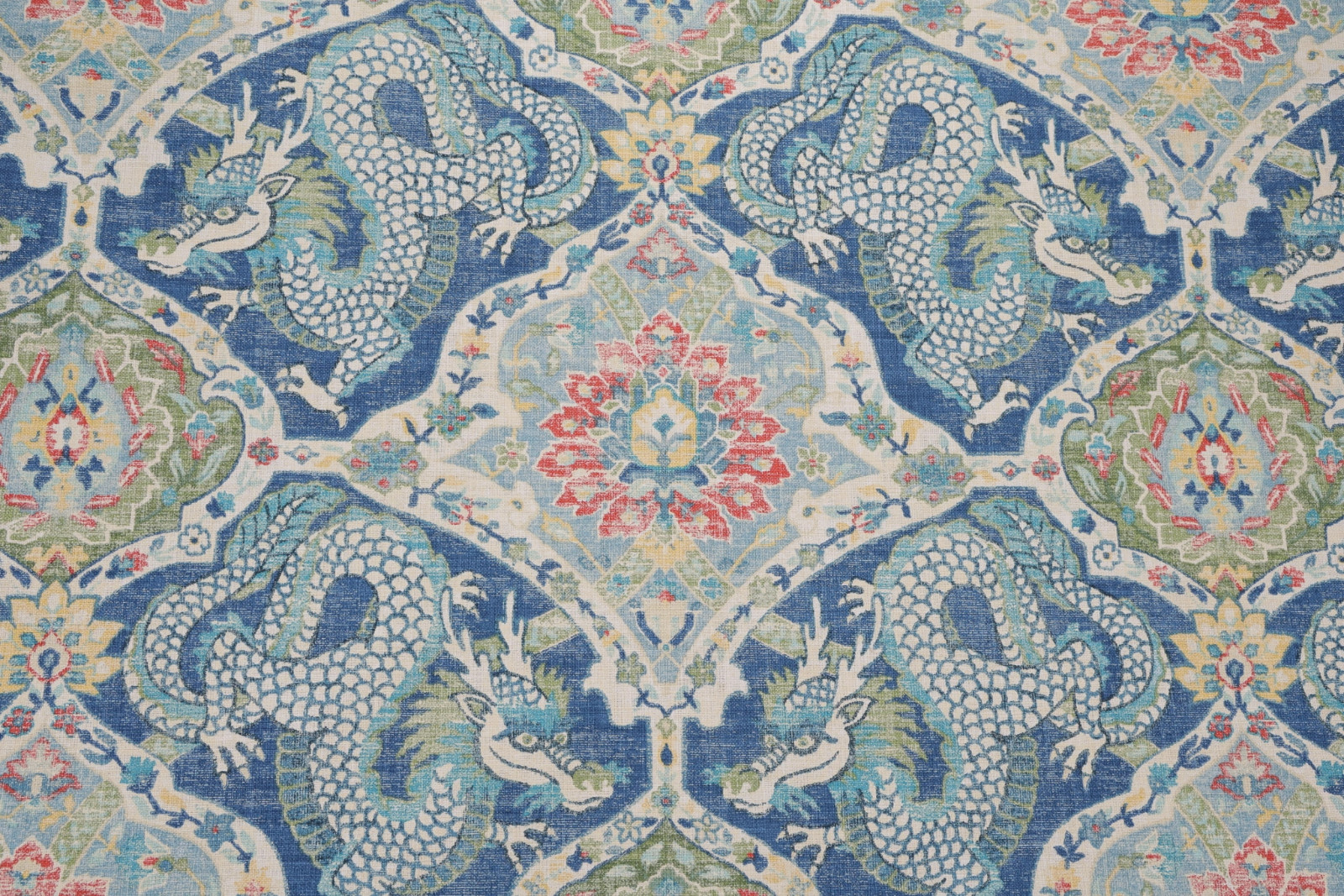 4 Drapes COVINGTON FALKOR in Dream Denim Blue a Dragon Screenprinted Cotton