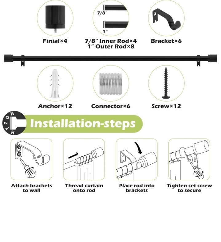 HTZON Black Curtain Rods for Windows 72 to 144 Inch:Modern Decorative …….286