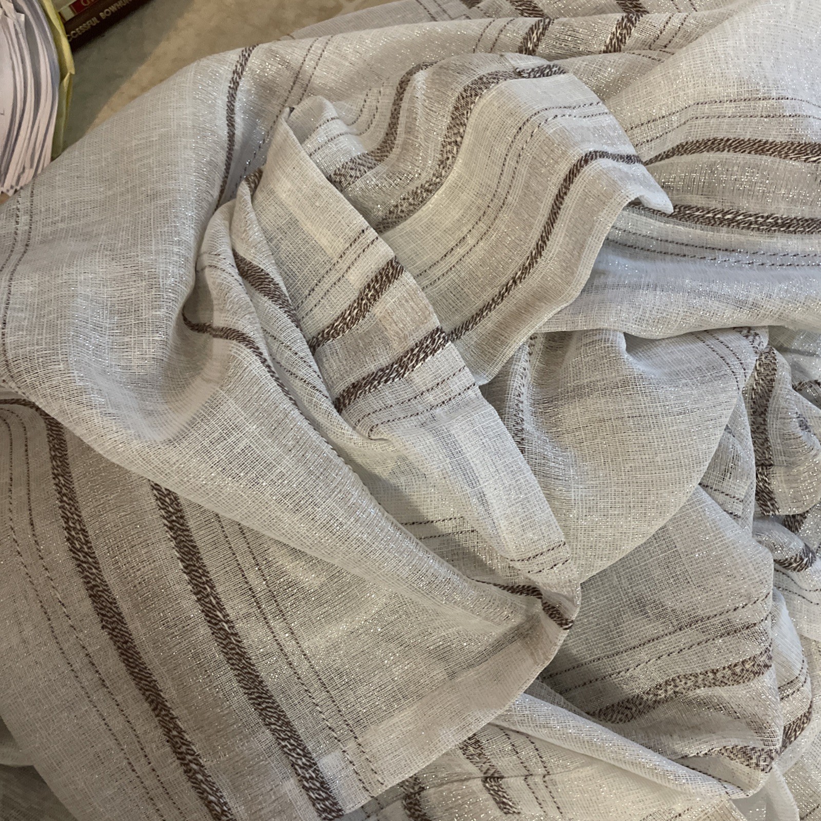 Linen-Look Striped Curtains Panel Set- White Sheer 54″x96″ Rodeo Home.EUC.