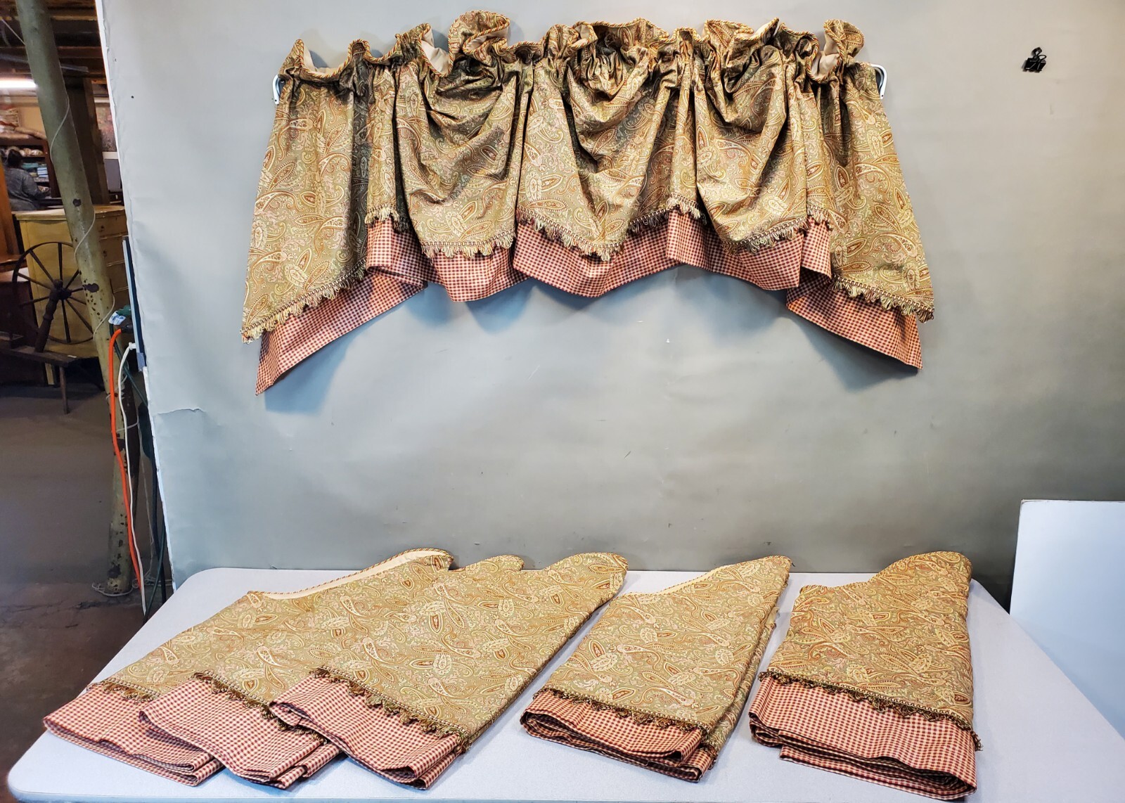 Set of 6 RLF Home Empire Valance Curtains, Paisley & Check Jacquard, Red & Olive