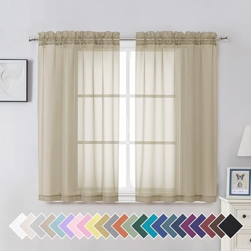 Sheer Curtains 45 Inches Long 2 Panels Set, Semi W 42″ x L 45″ | Pair Taupe