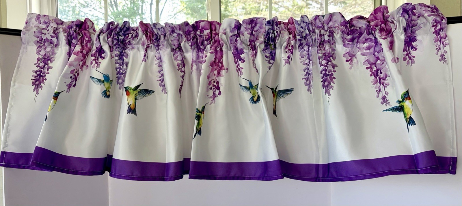 Beautiful Hummingbird & Wisteria Floral Window Valance 15″ x 70 Purple Trim NOS