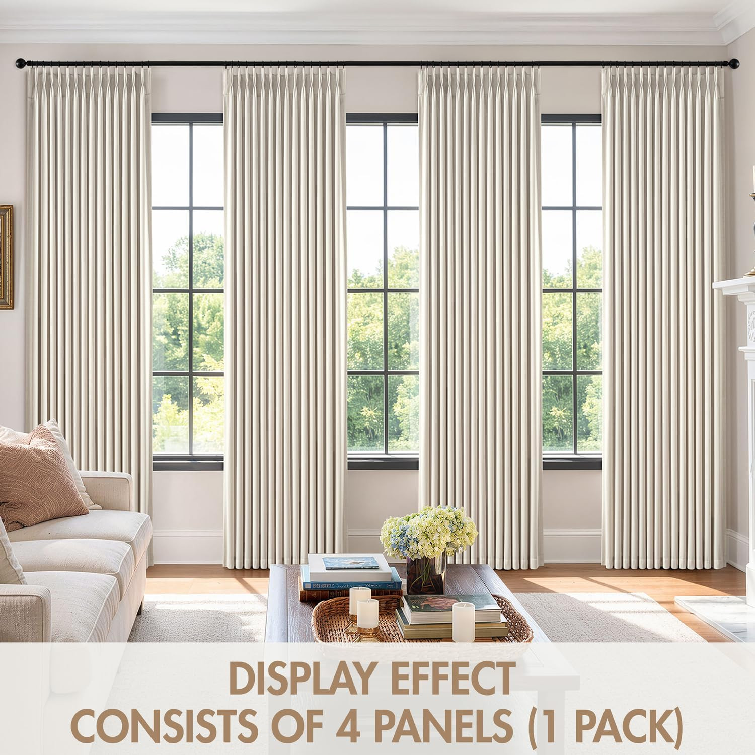 Pinch Pleat Blackout Curtains 90 Inch 4 Panel Linen Thermal Drapes Birch