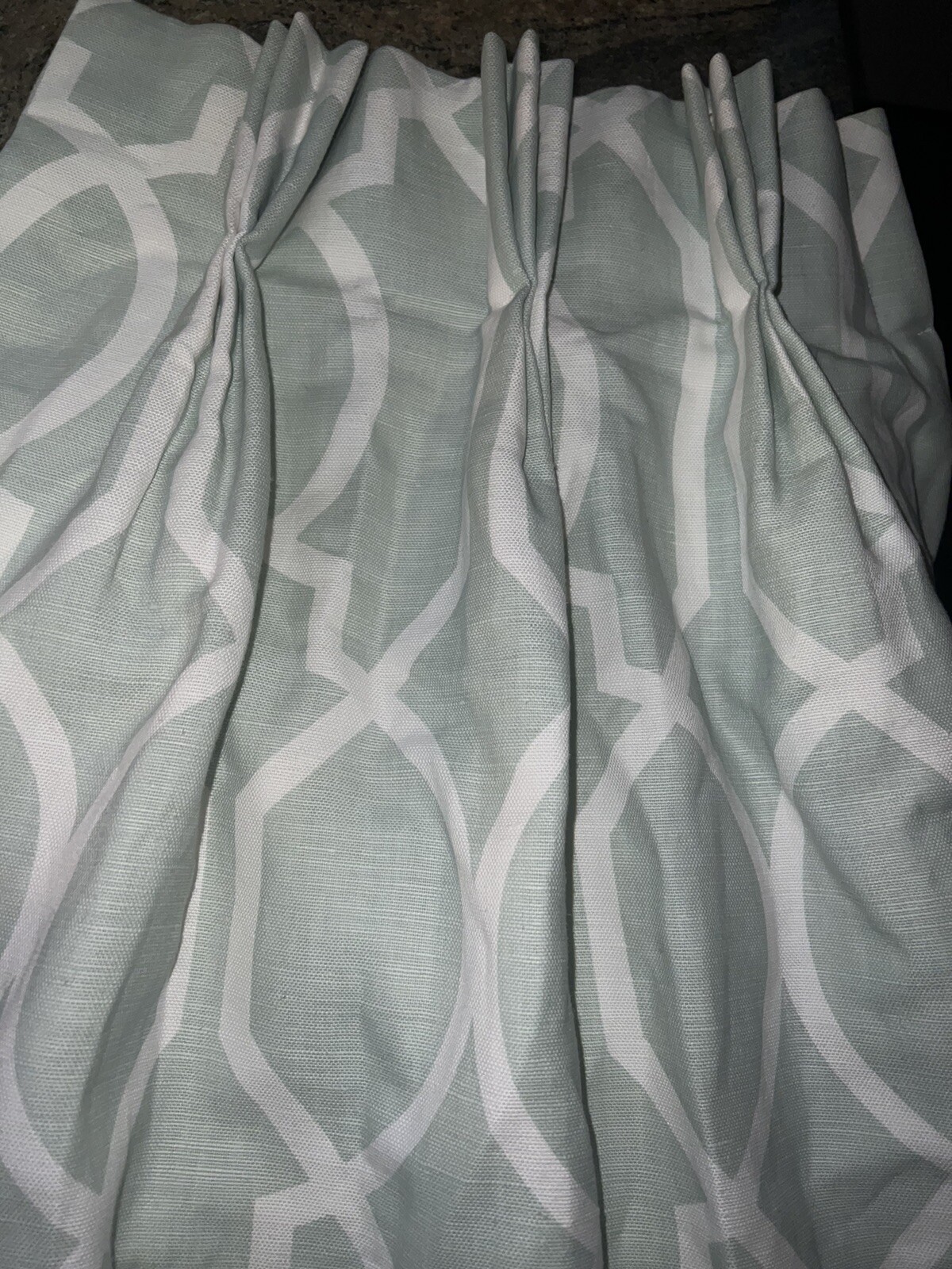CUSTOM P KAUFMANN PINCH PLEATED DRAPES~BEAUTIFUL LIGHT GREEN~88”L~DAMAGED