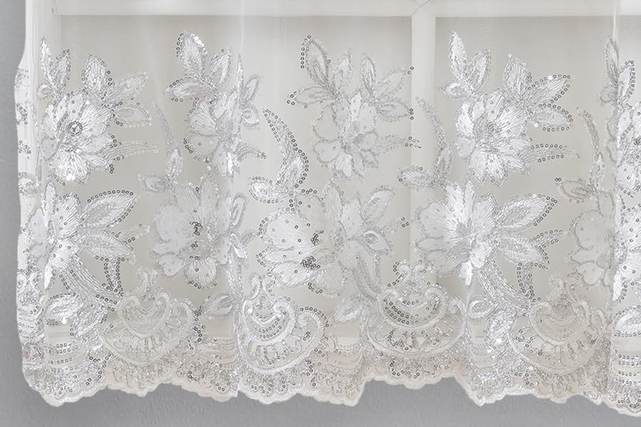 Linen 3-Piece Sequin Embroidered Café Curtain Set