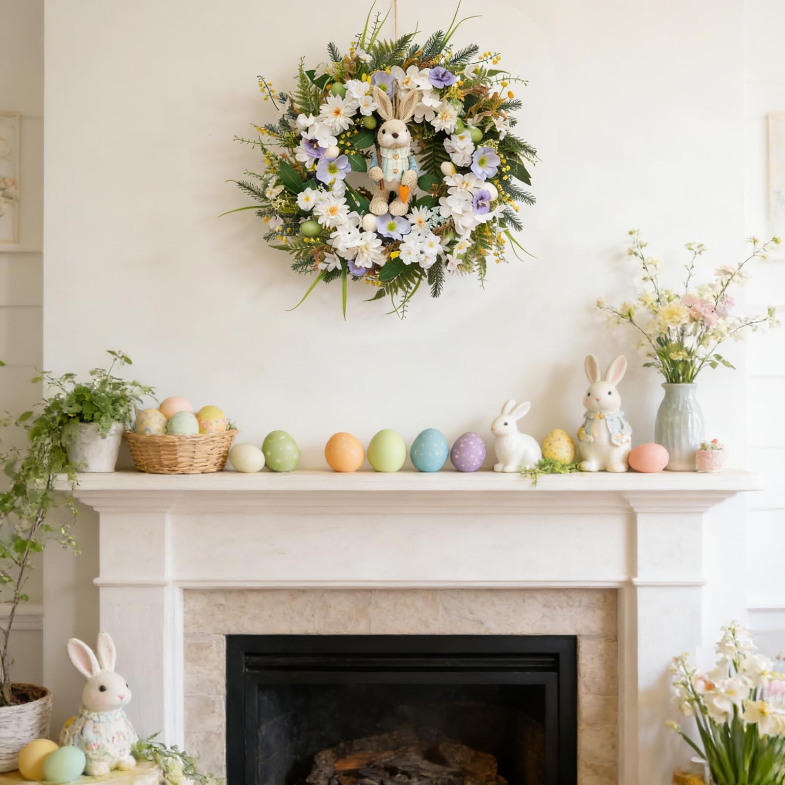 22 Inch Easter Floral Egg Wreath with 3D Bunny – White Blue Flowers on Green Fol