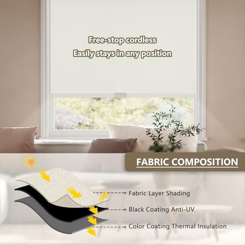 Beige Blackout Roller Shades for Windows – 20″W x 72″H – Cordless Blackout