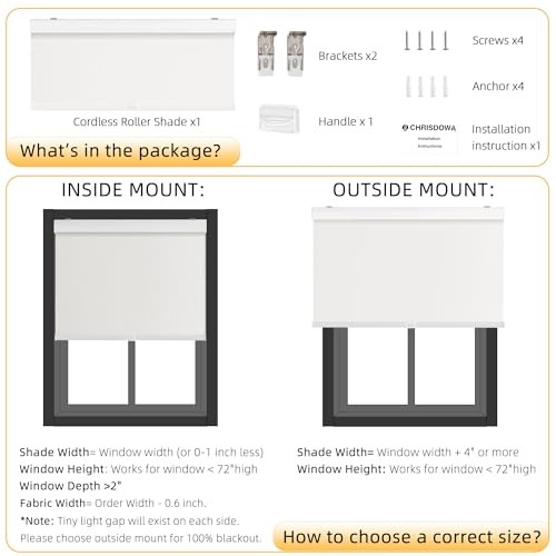 Cordless Blackout Roller Shades for Windows, Striped Free 20″W x 72″H White