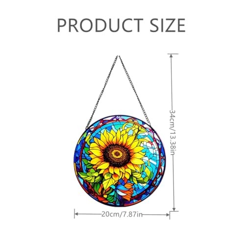 Sunflower Stained Glass Window Hanging, Round Yellow Floral Design for