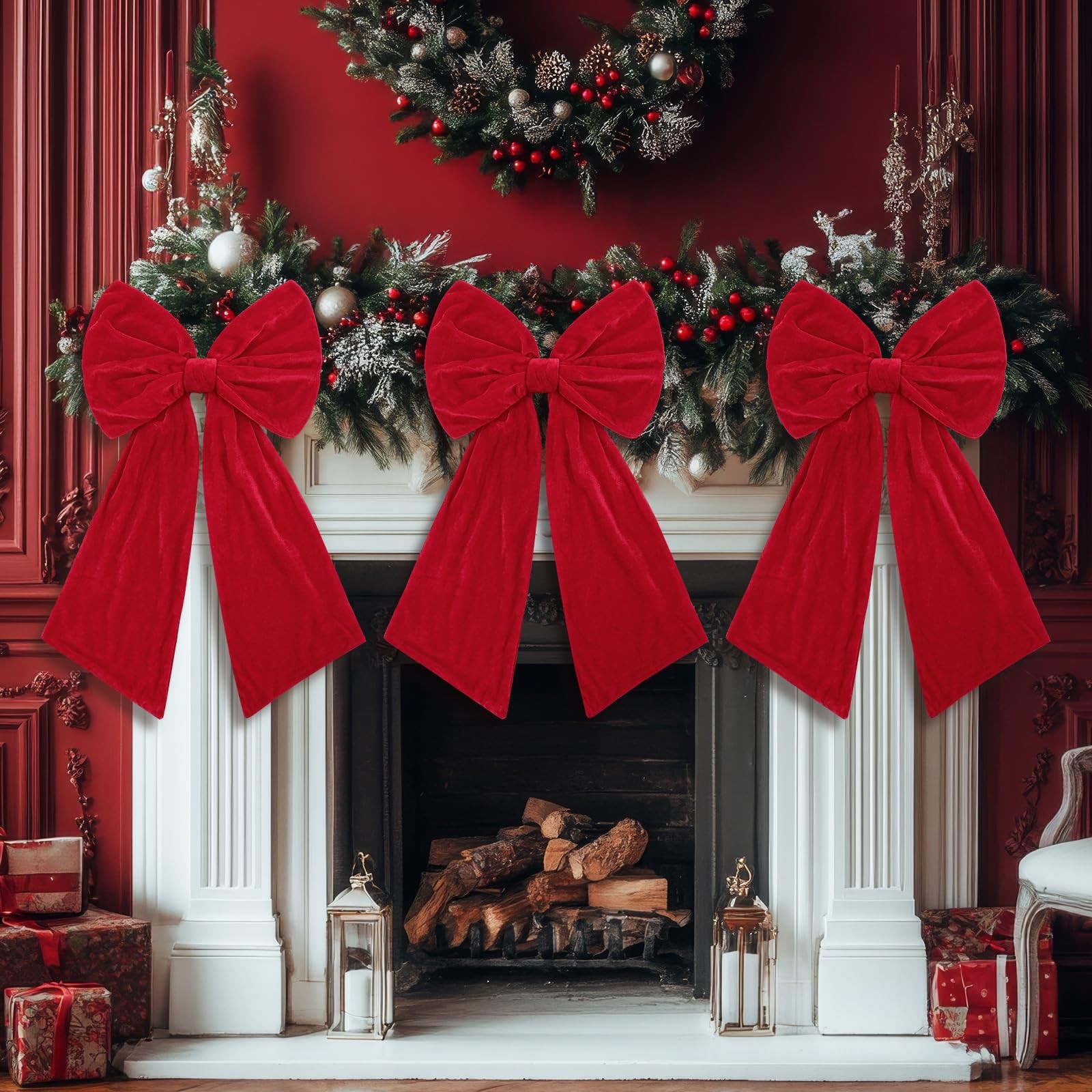 3 PCS Large Red Velvet Christmas Bow Decoration 2 Ft Fireplace Tree Topper