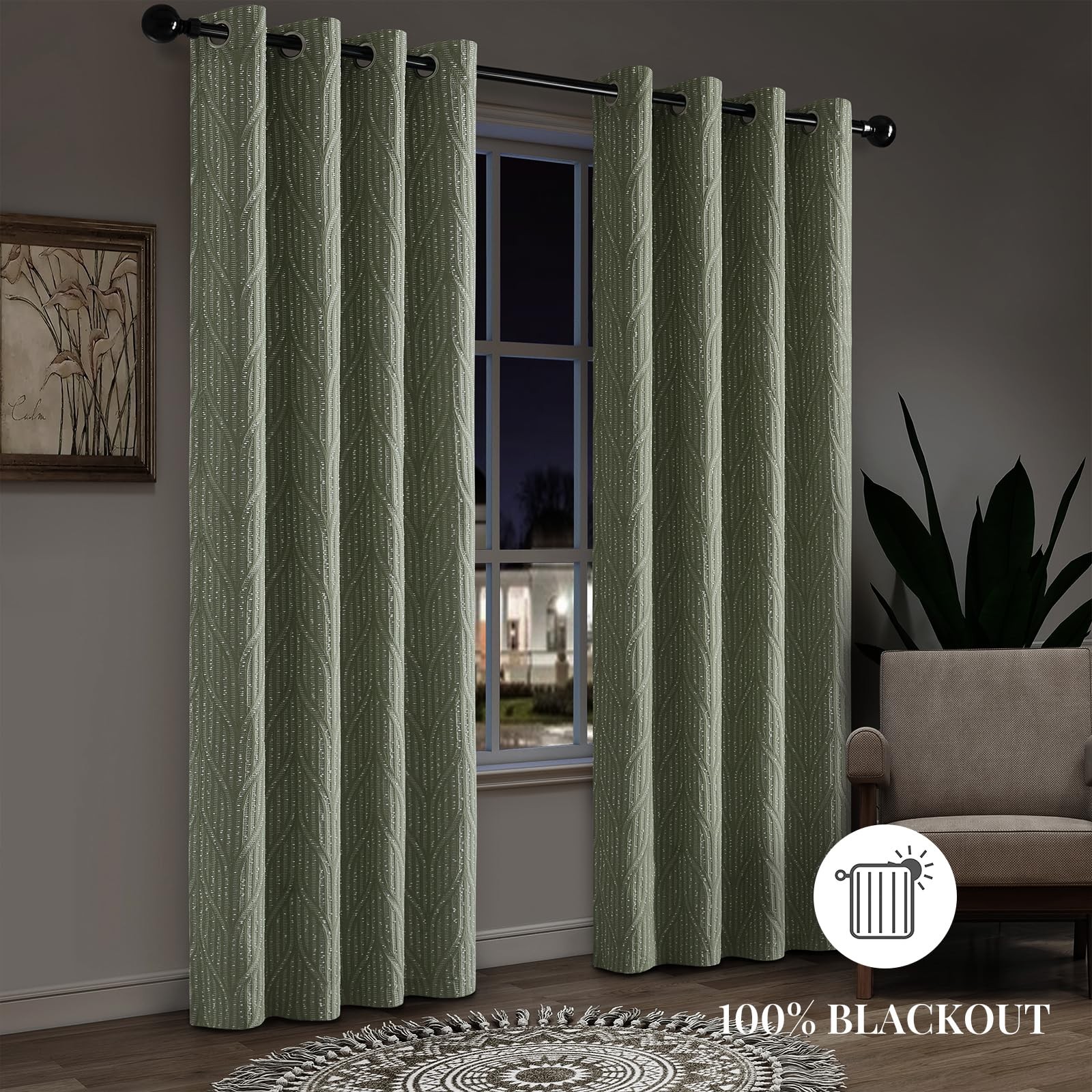 Drapexpert Green White 100% Blackout Geometric Jacquard Curtains Thermal