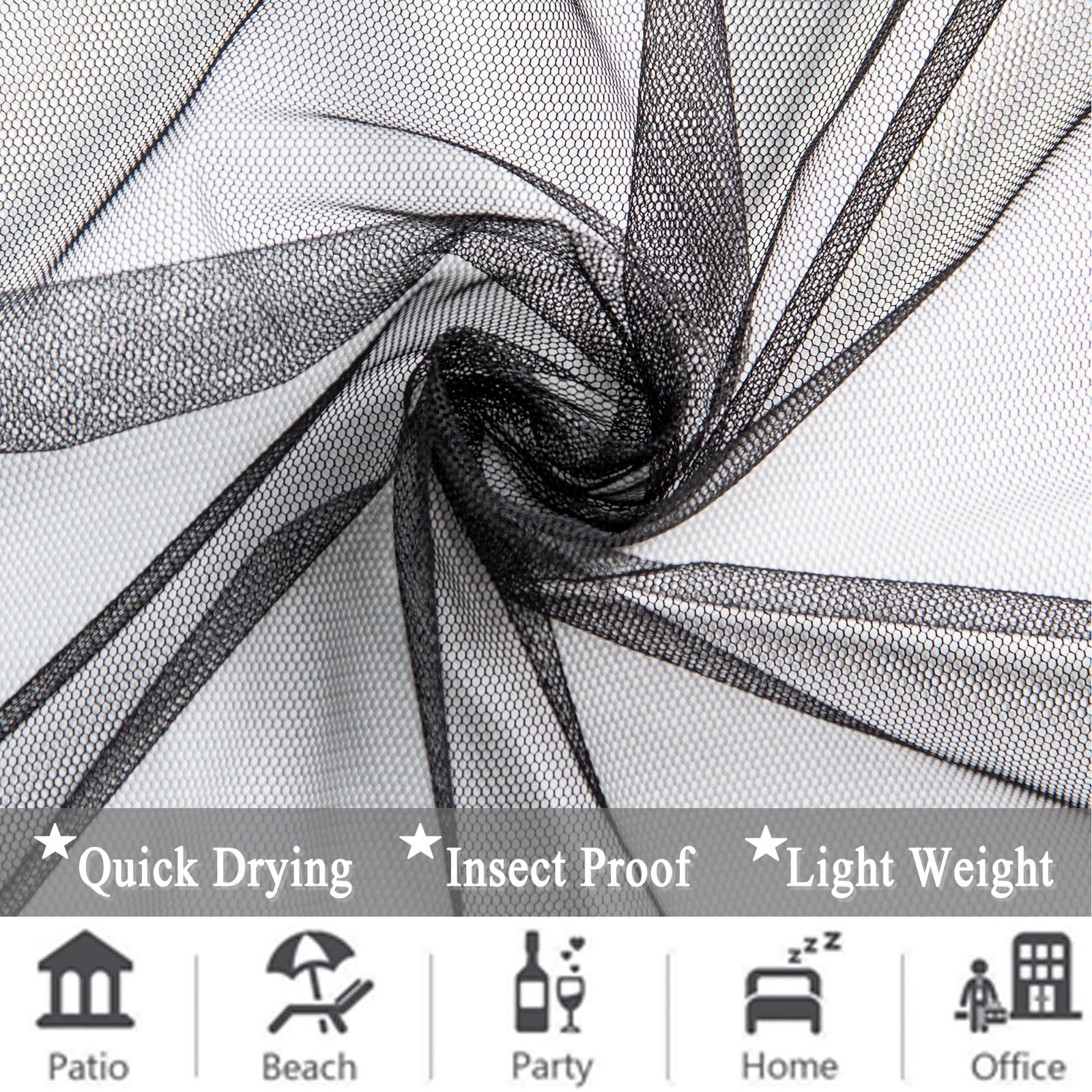 Extra Wide Waterproof Outdoor Curtains – Black Voile Mesh Bug Netting, 2 Panels,