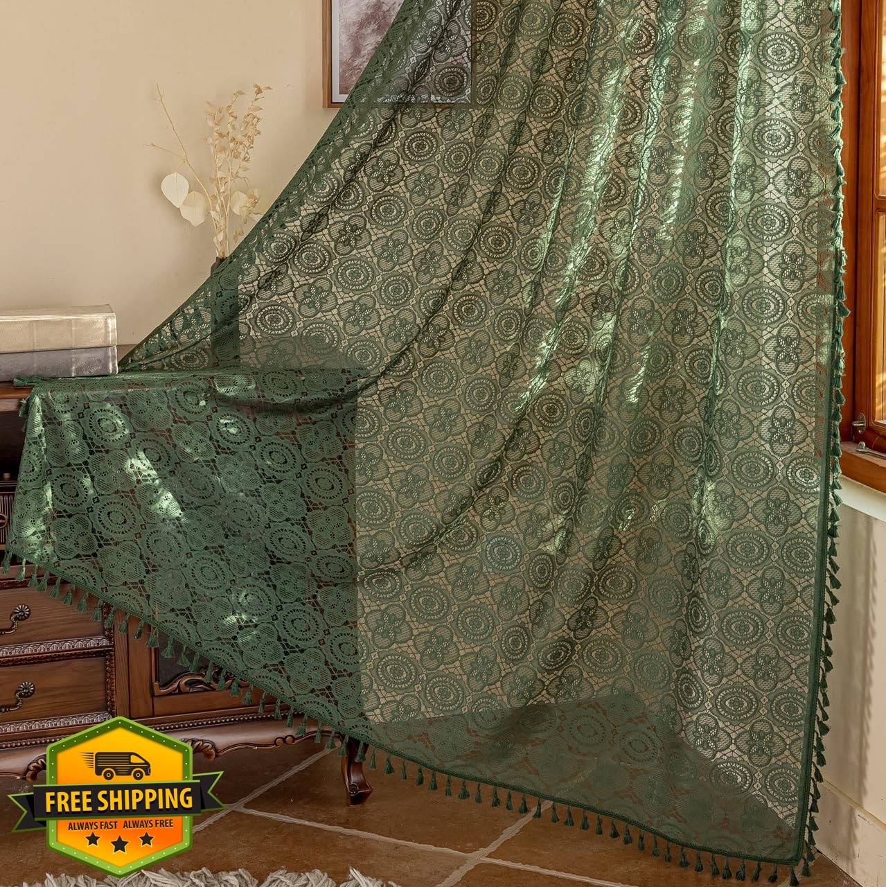 YJ YANJUN Boho Lace Curtains 72 inches Long 2 Panels -Vintage Floral Crochet …