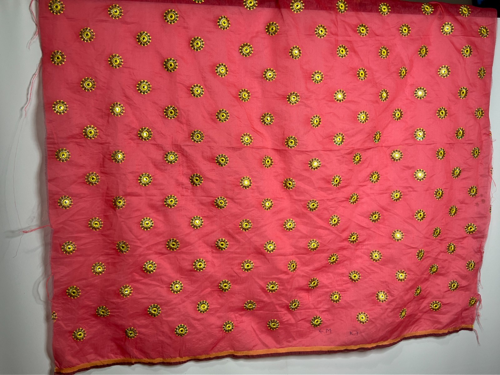 Indian Embroidered Fabric Panel Pink Gold Mirror Work Sheer Crafts