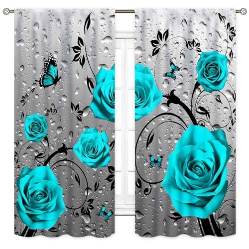 Rose Floral Curtains, Romantic Teal Blue Flower 21″W x 45″L (Pack of 2) Rose-05