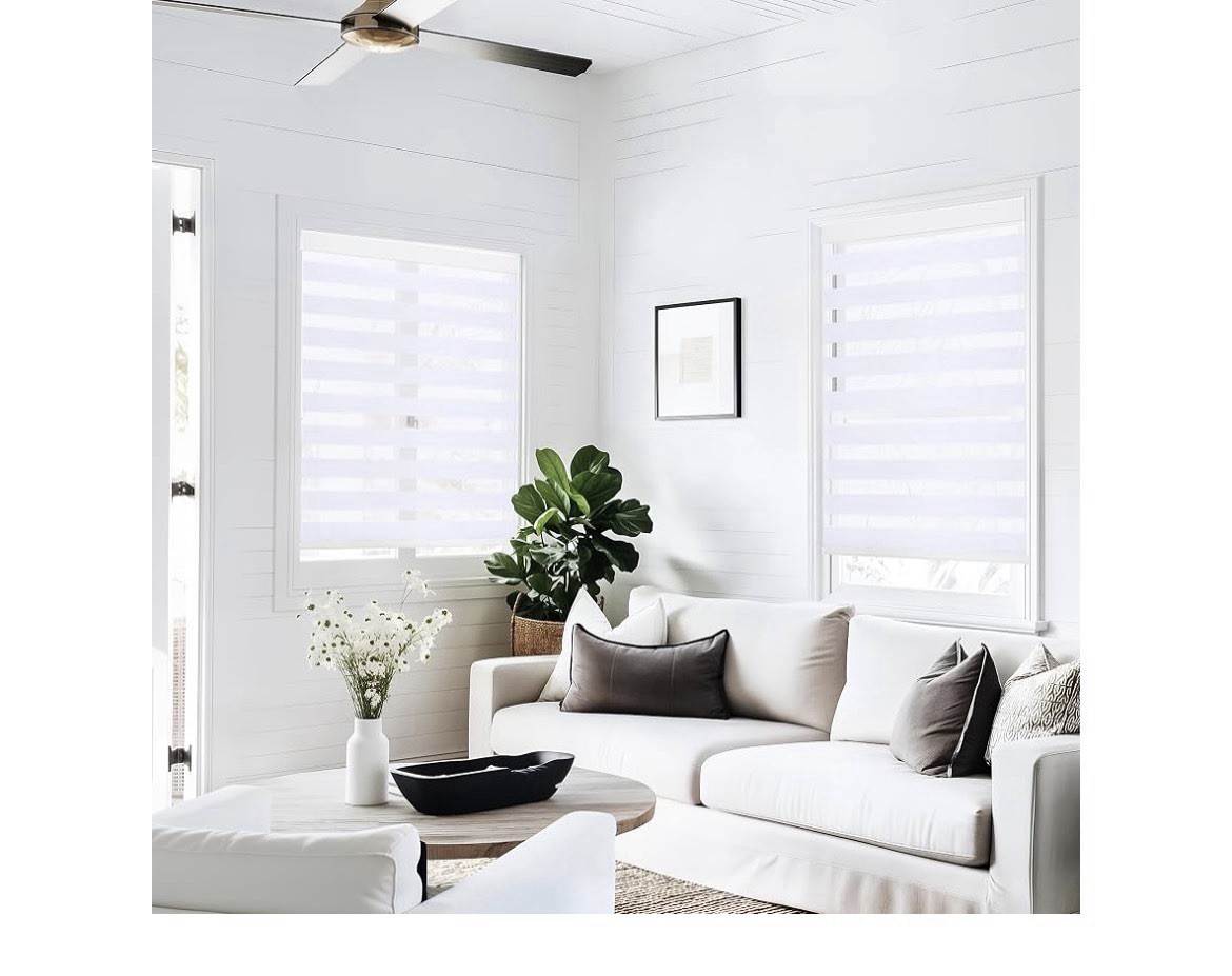 Cordless Window Roller Shades Free-Stop Dual Layer Zebra Blinds-White- 29”W 64”H
