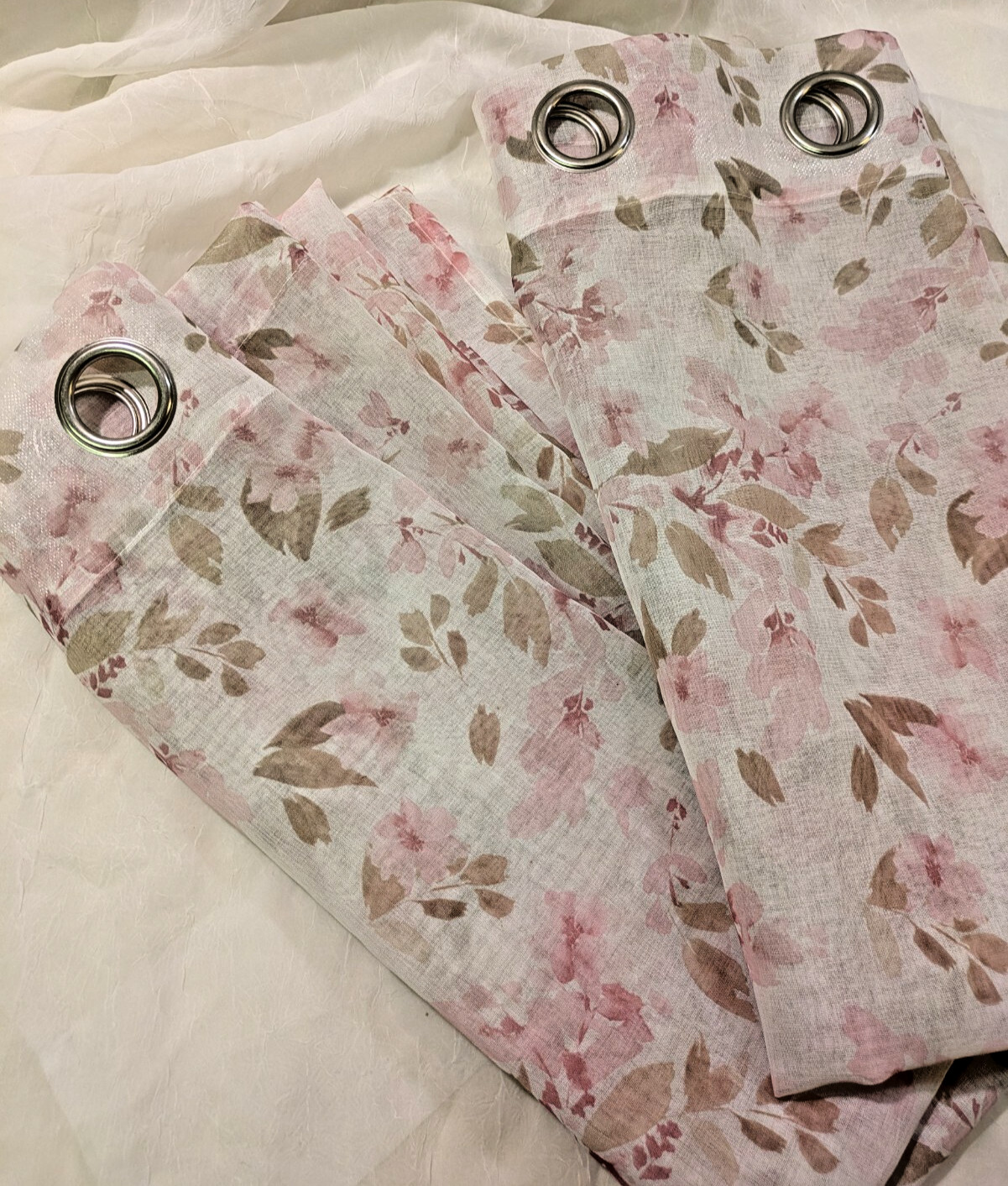 Floral Pink & Brown on White Sheer Grommet Curtain Set of 2 Panels 36″x84″