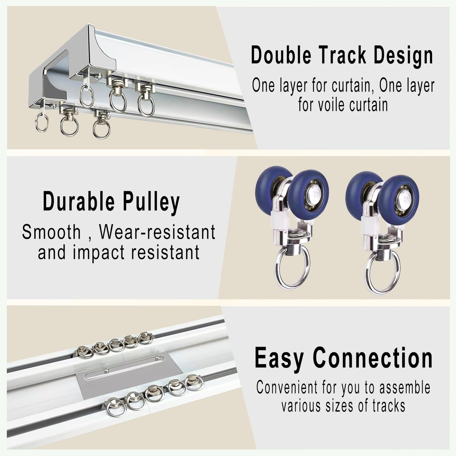 Silent Double Row Ceiling Curtain Track, Heavy-Duty 100cm, White