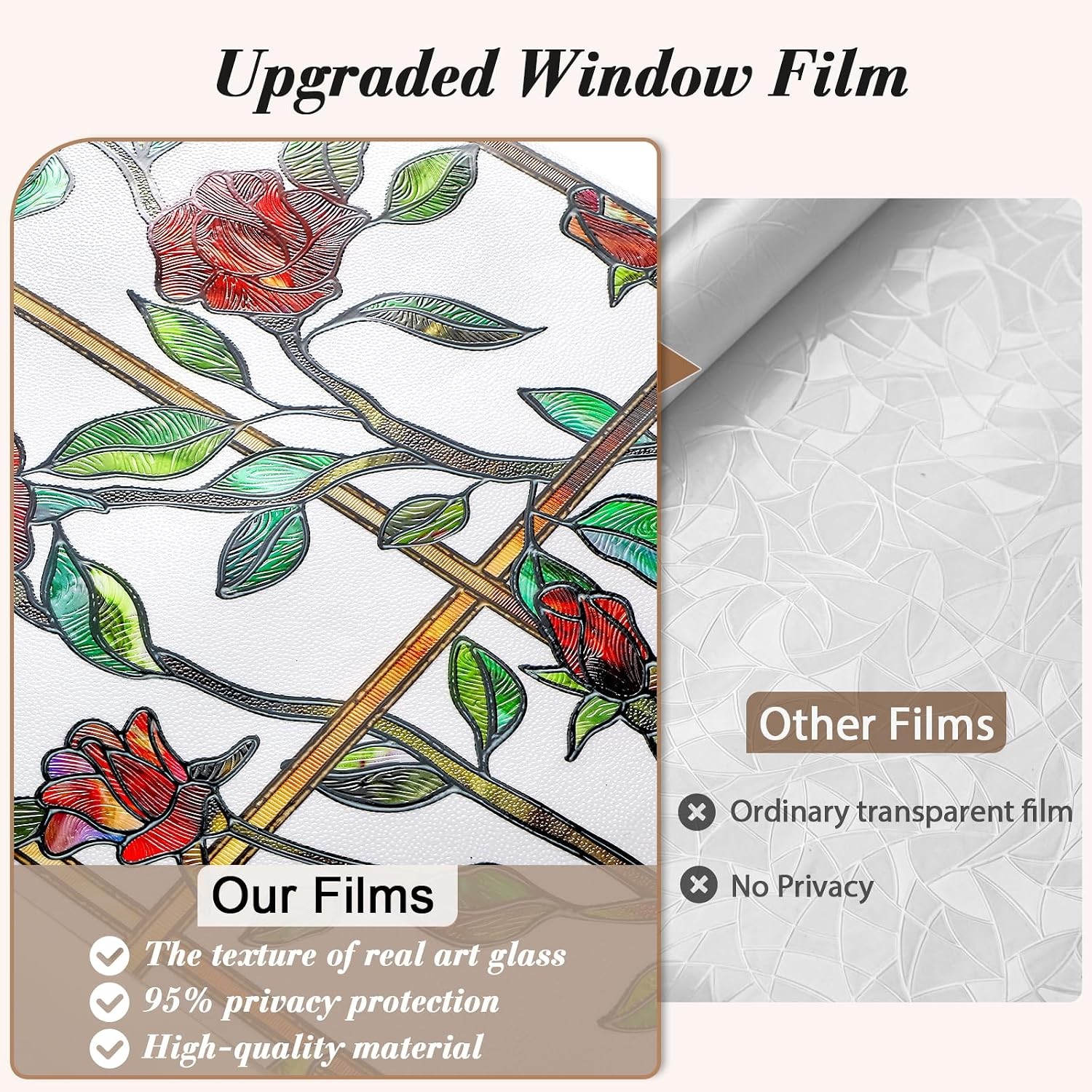 3D Rose Floral Decorative Window Covering, Light Diffusing Privacy Static Cling