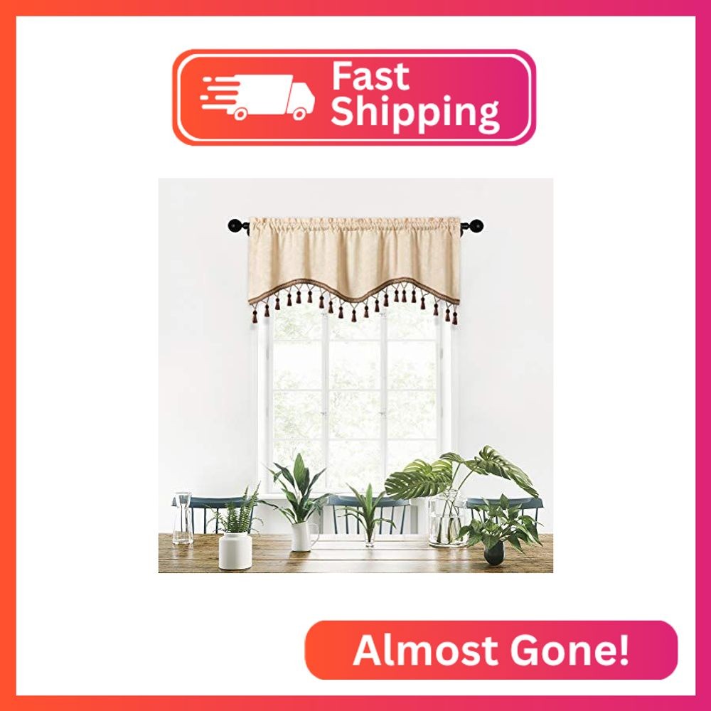 ELKCA Double-Sided Chenille Window Curtains Tier for Kitchen Beige Scalloped Val