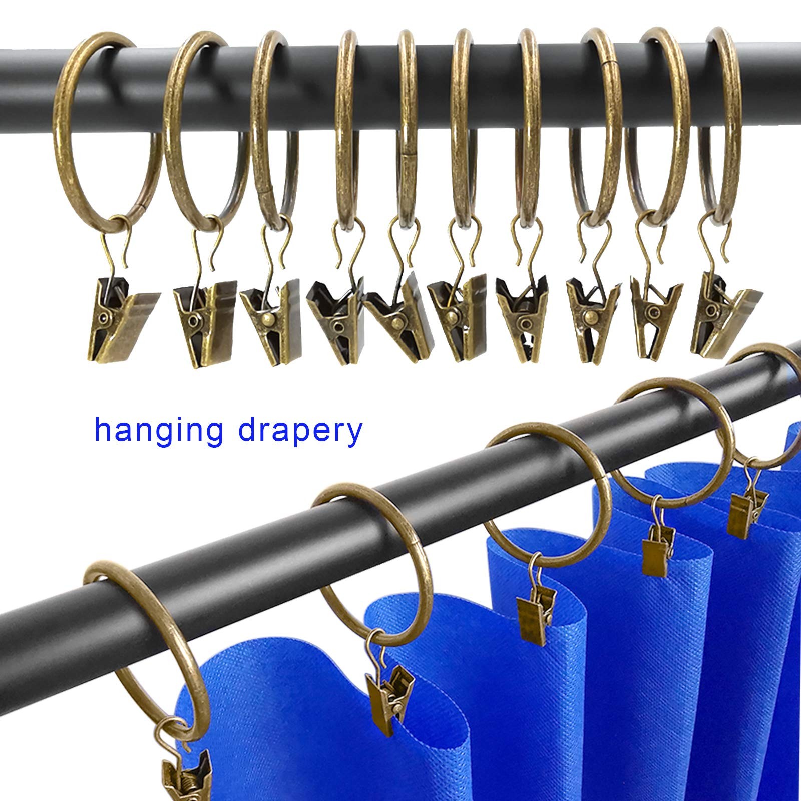 Curtain Rings with Clips 40 Pack Bronze Metal Drapery Rod Hooks 1.5in