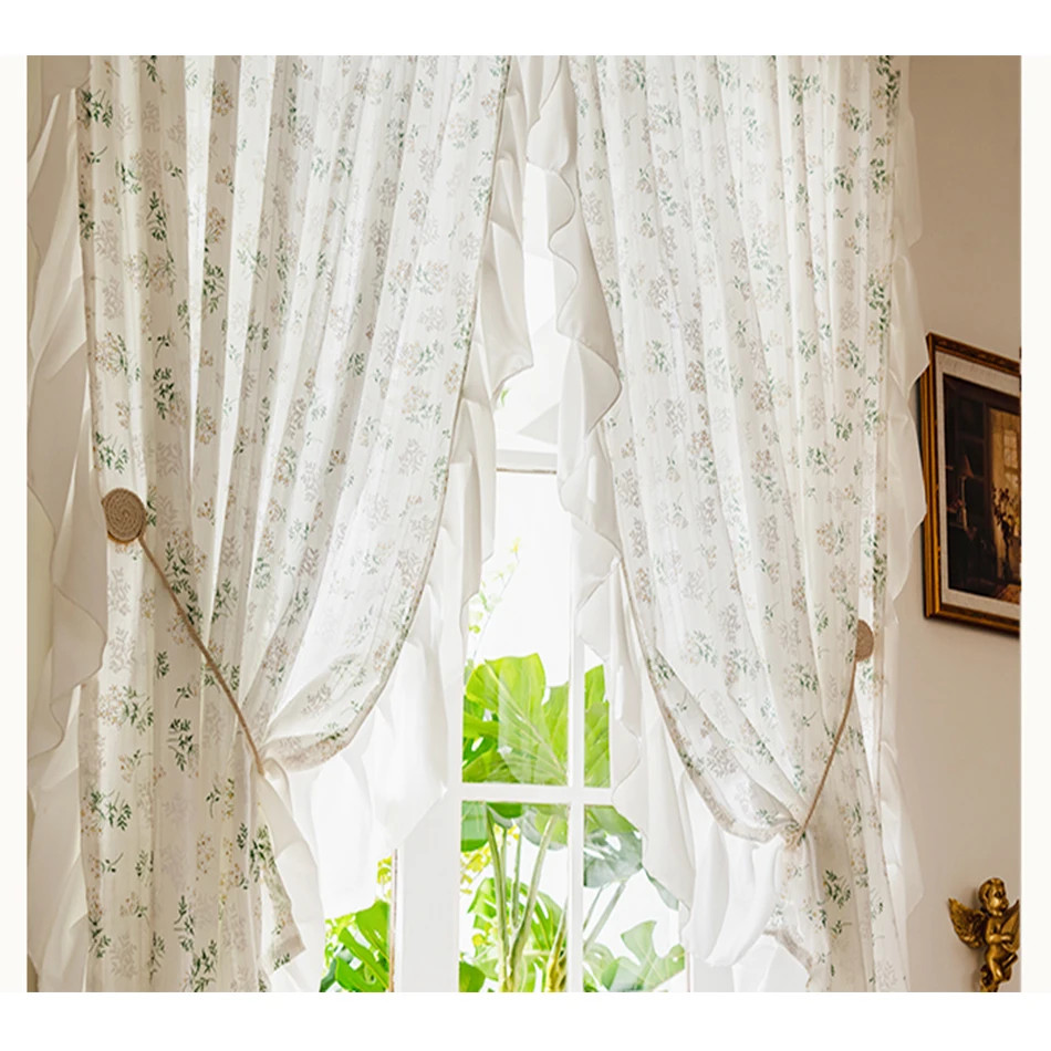 Korean Ruffle Daisy Curtains Road Pocket Shade Curtain Floral for Kitchen Bedroo