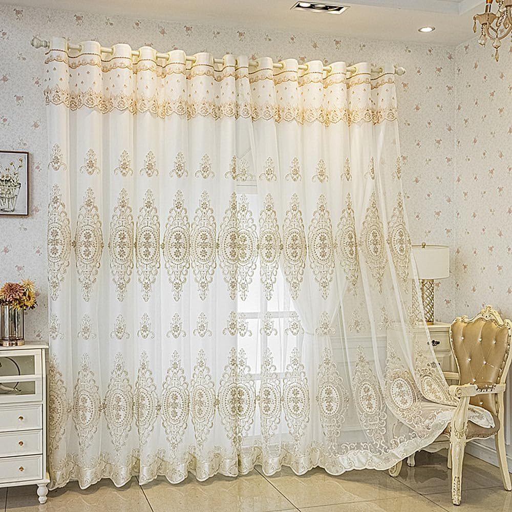 Luxury 3D Flower Embroidered Double Layer Curtains with Valances, White 51×102