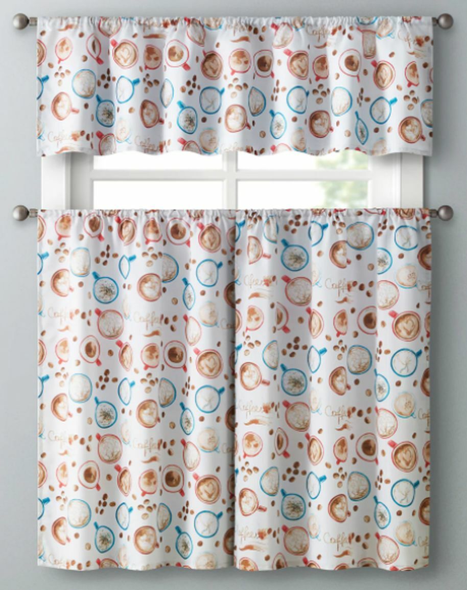3 pc. Curtains Set: Valance (56″x14″) & 2 Tiers (28″x36″) COFFEE CUPS & BEANS,VC