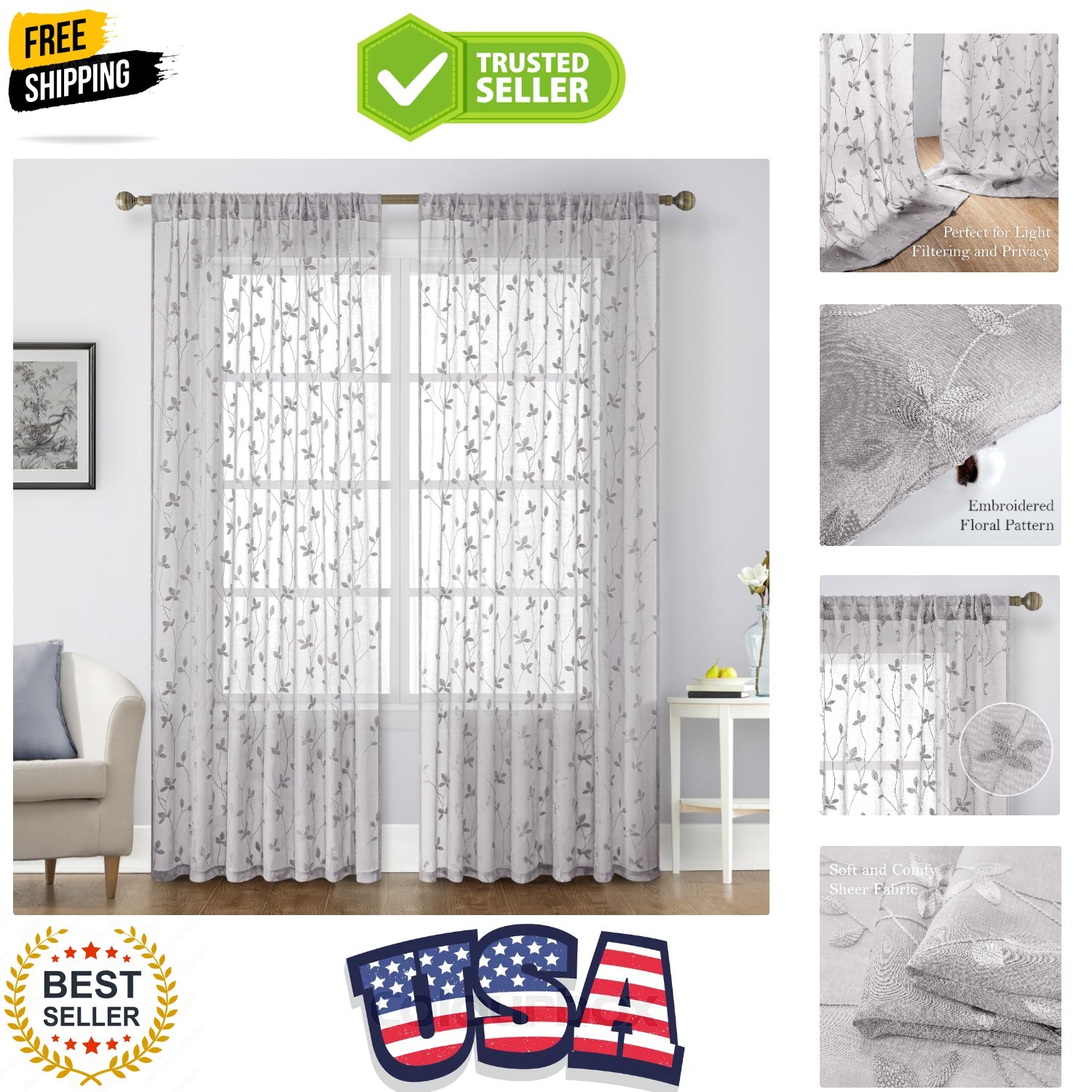 Light Grey Sheer Curtains 52 X 84 Inches Length 2 Panels Embroidered Vine Flo…