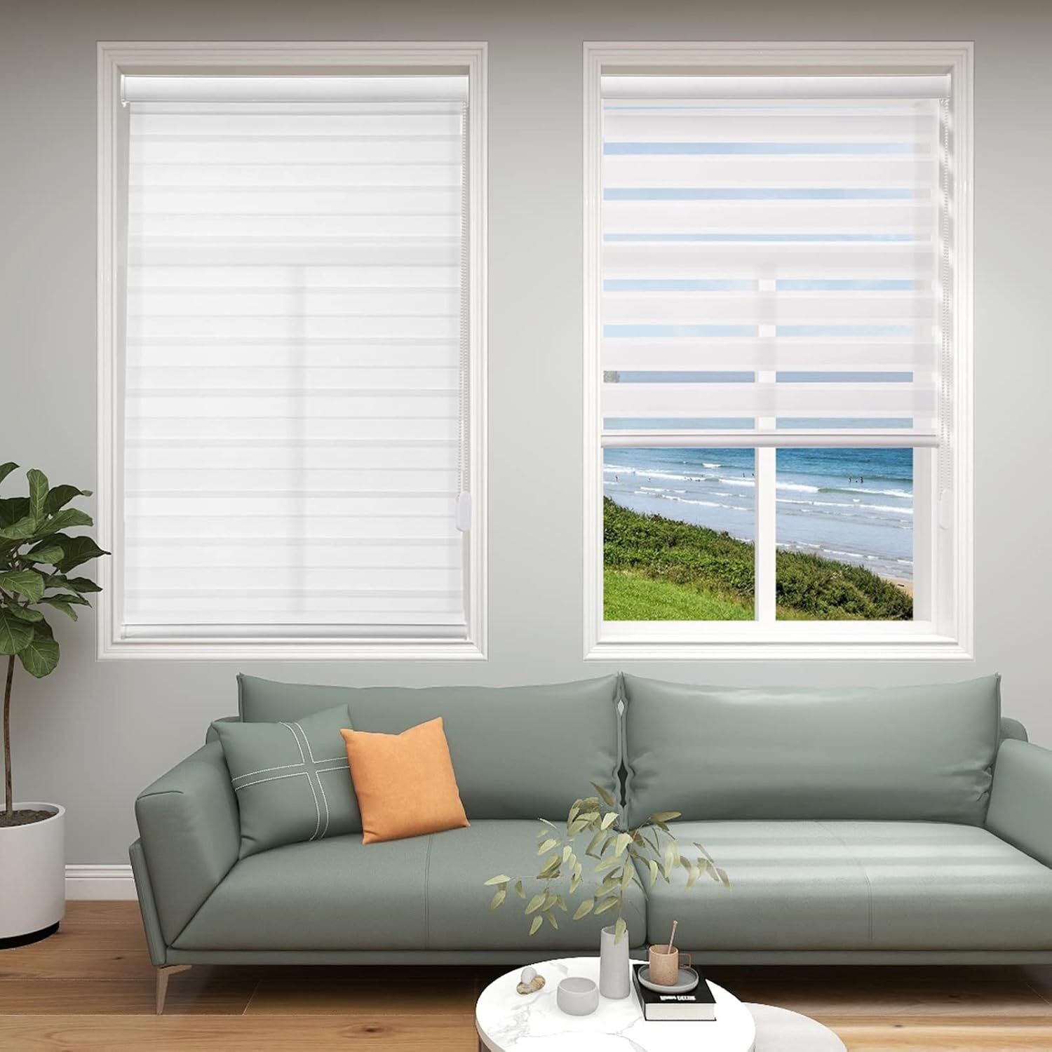 Horizontal Window Shades Zebra Dual Roller Blinds Curtains -Grey/White-59 in
