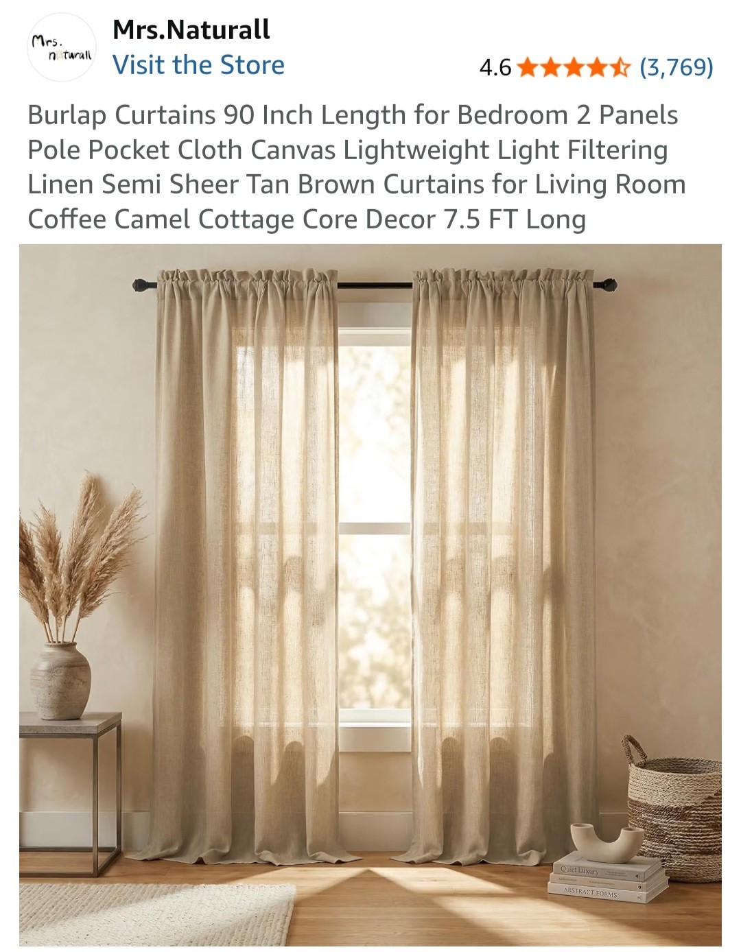 Mrs Naturall Rod Pocket Flax Blended Linen Curtains-2 Pk-Tan-52″ X 90″-NWORGPKG