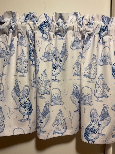Handmade Blue and White Chicken Valance, 41 X 15 INCHES