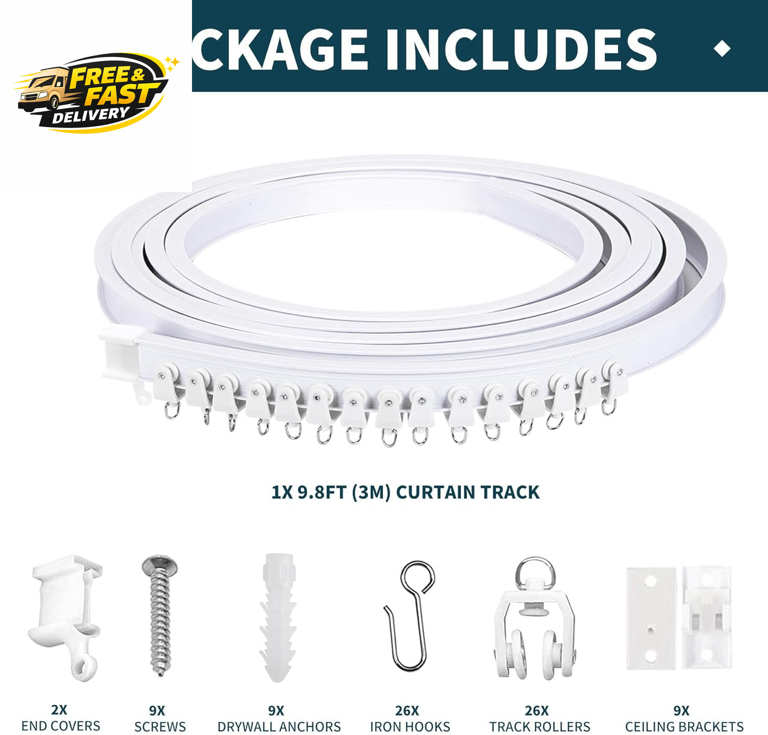 Flexible Bendable Ceiling Curtain Track, 9.8Ft (3M) Curved, PVC, Metal, Plastic
