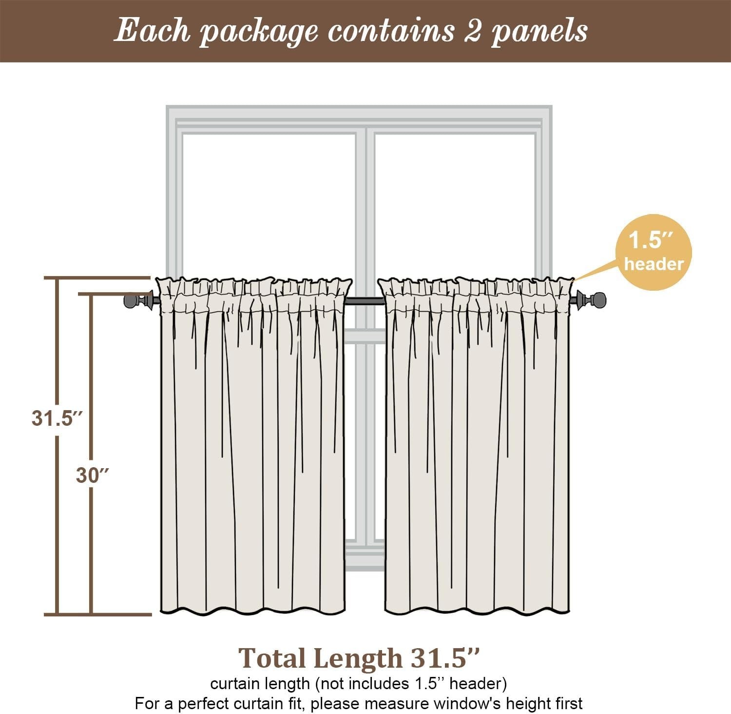 Sheer Curtains 30 inch Length 2 Panels, Light 42″W x 30″L (Pack of 2) White