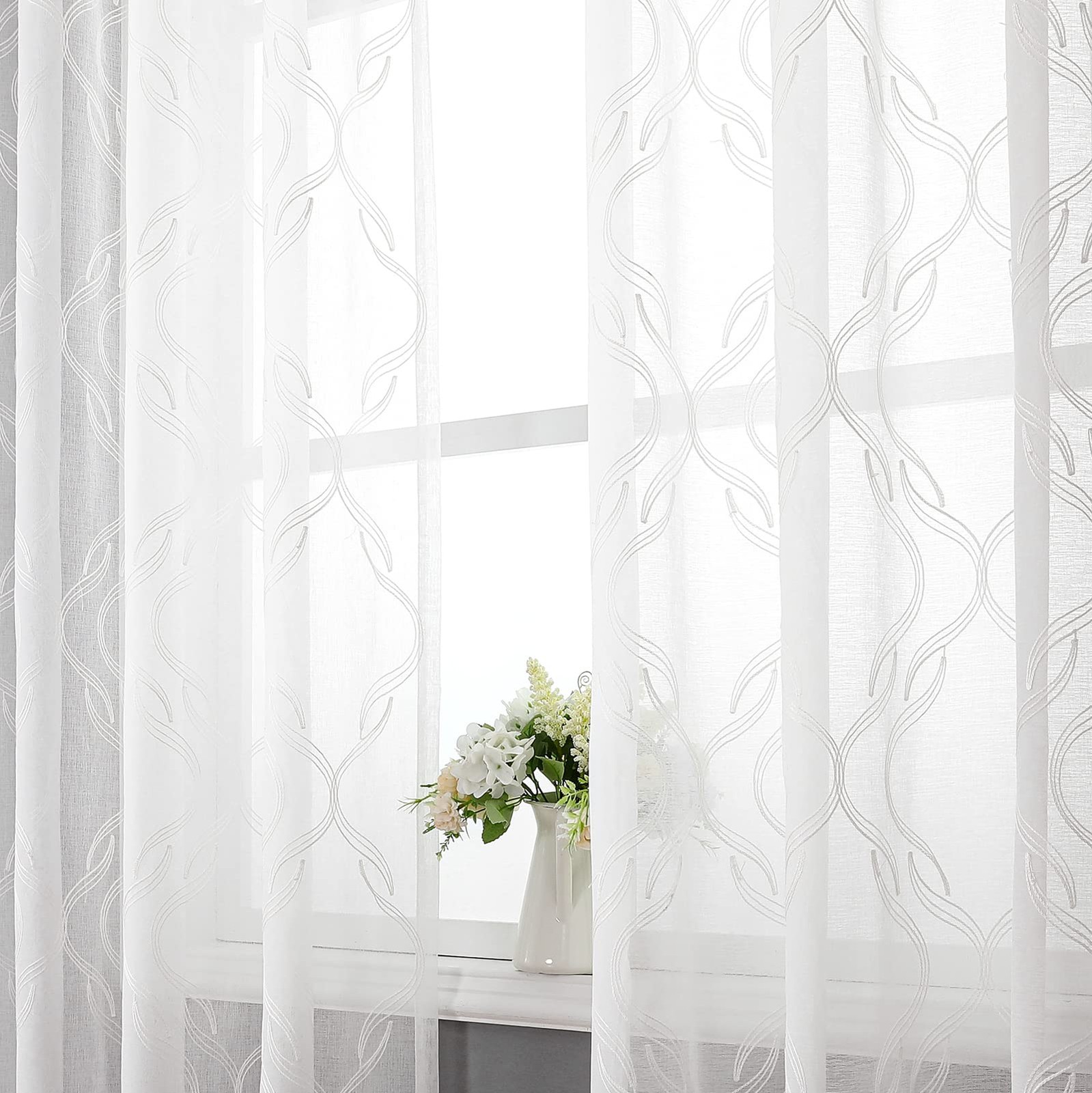 Sheer Curtains 84 Inches Long 2 Panels Set, White Moroccan Embroidery Texture…