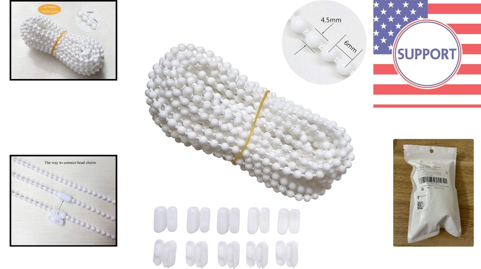 Durable 10m Plastic Bead Chain & 10 Connectors for Venetian & Honeycomb Blinds