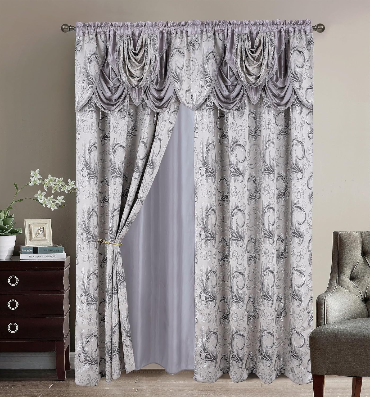 Jacquard Luxury 2 Curtain Panel Set with Attached Valance and Backing Bedroom Li