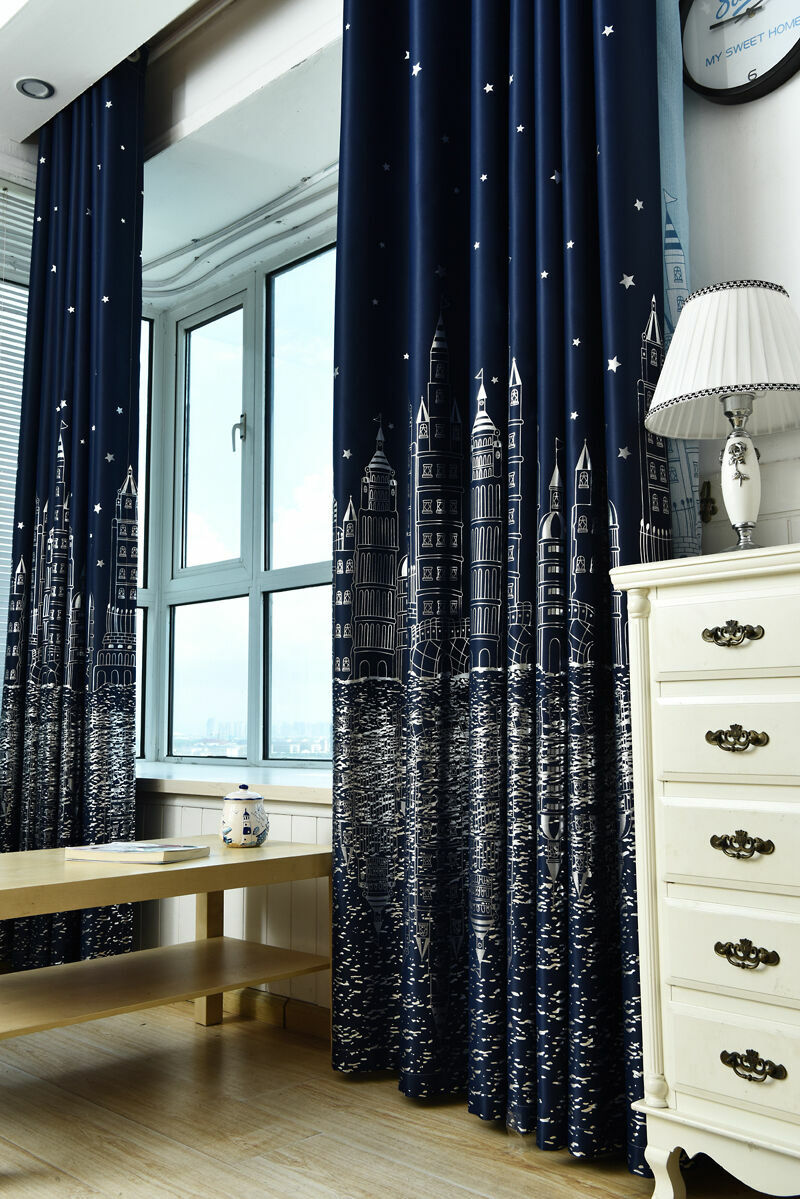 Water Castle Silver Plating Blockout Dark Blue Cloth Curtains Sheer 1 Panel 96″