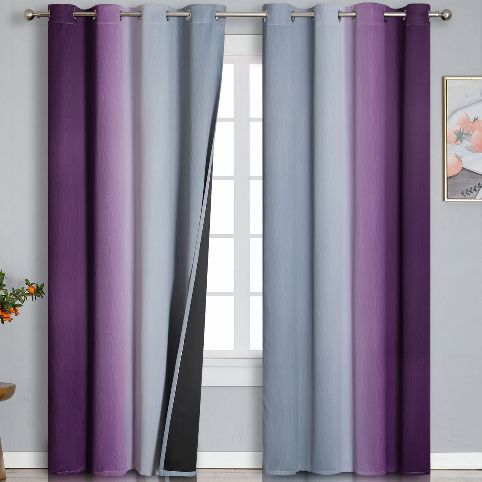 Purple and Grey Blackout Curtains 84 Inches Long,Ombre and Wavy Line Pattern …
